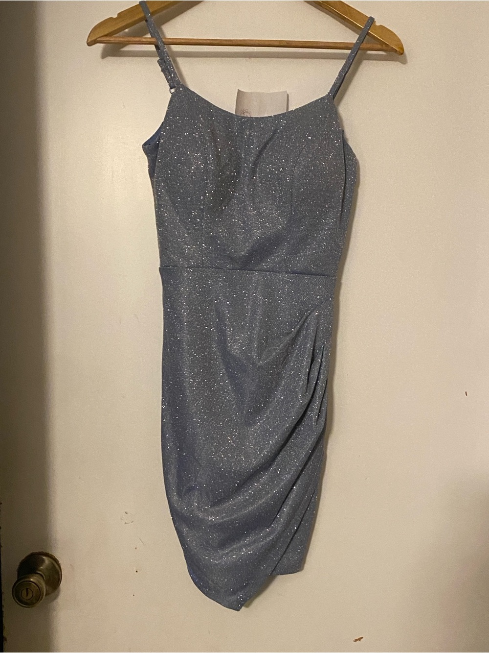 Sparkle Spaghetti-Strap Mini Dress in Dusty Blue